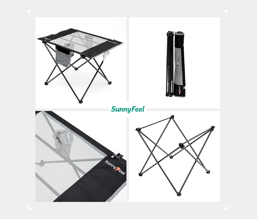 Vier Aufnahmen vom SunnyFeel Camping-Textil-Klapptisch.