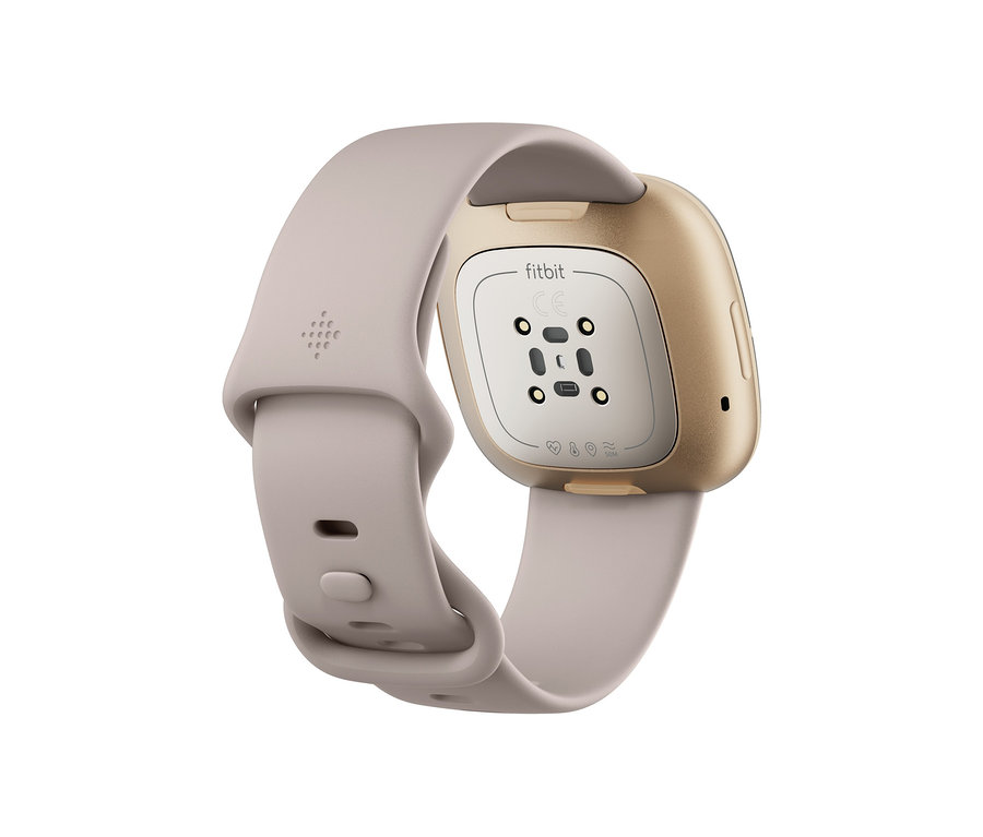 Rückansicht der Fitbit fortschrittliche Gesundheits-Smartwatch »Sense«, mondweiß, inkl. Zusatzarmband.