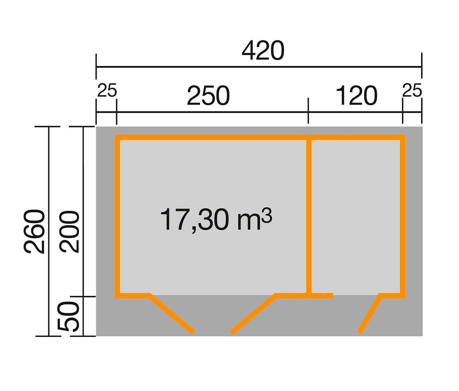 Grundriss des Weka Gartenhauses mit 2 separaten Räumen, 28 mm (253 Gr. 1) mit Abmessungen.