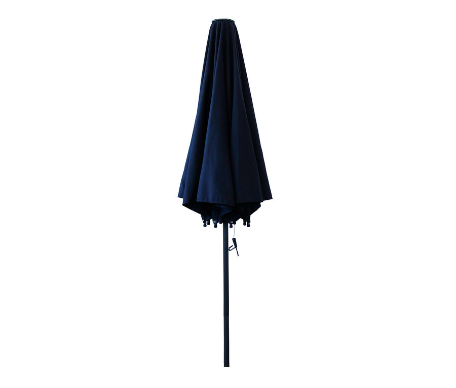 Ein zusammengeklappter blauer Leco-Sonnenschirm, Ø ca. 300 cm.