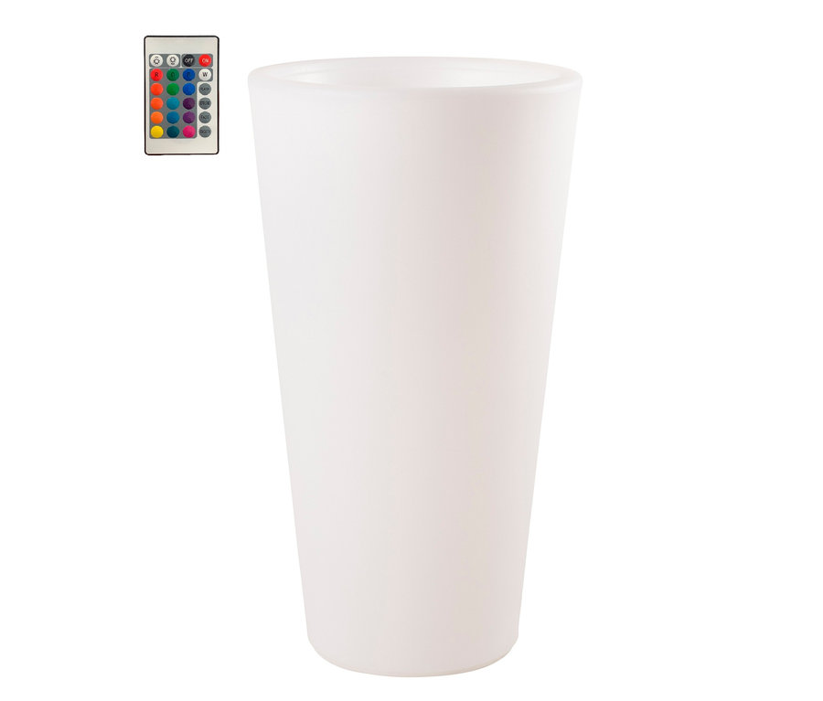 Ein weißer 8 seasons design LED-Pflanzentopf, 70 cm hoch, mit Fernbedienung in der linken oberen Ecke.
