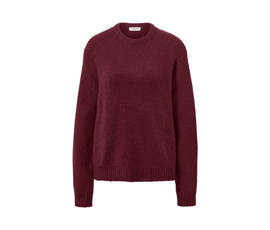 Bordeauxroter Grobstrickpullover mit Wolle.