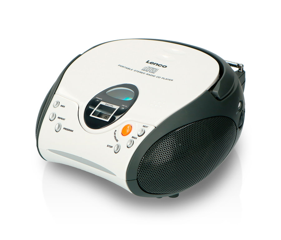 Weißer Lenco »SCD-24 Boombox« CD-Player mit Radio und Kopfhöreranschluss.
