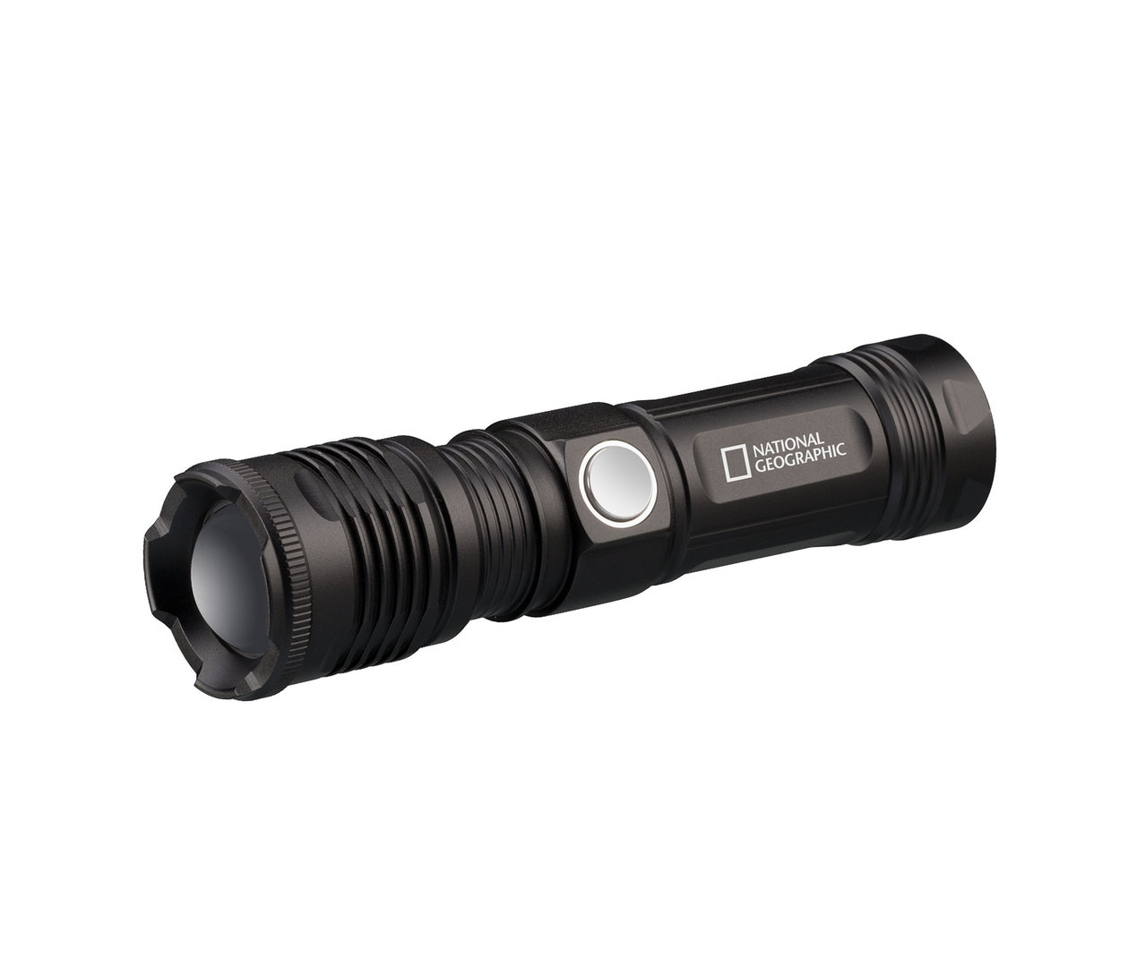Eine schwarze NATIONAL GEOGRAPHIC ILUMINOS 1000 LED-Zoom-Taschenlampe mit 1.000 lm.