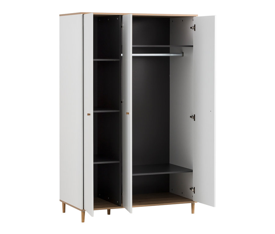 Offener Kleiderschrank »Hilda« mit weißen Türen und Holzfüßen.