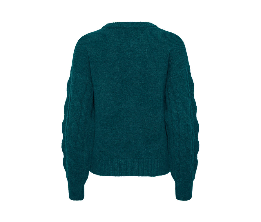 Rückansicht eines petrolfarbenen Strickpullovers.