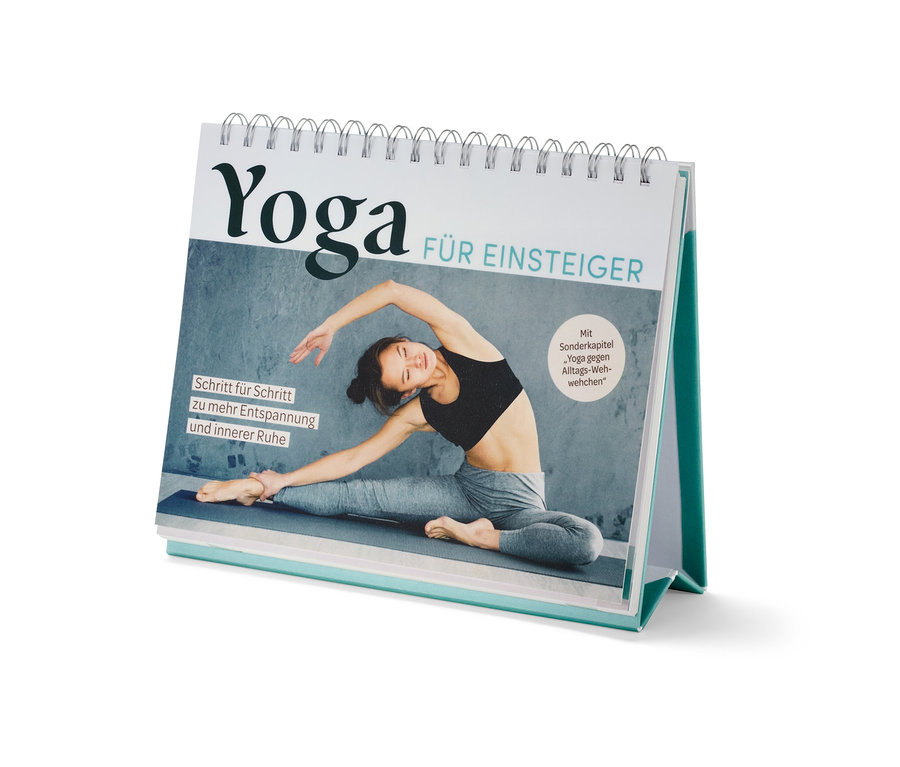 Ein Tischkalender zeigt eine Frau beim Yoga, mit dem Titel "Yoga für Einsteiger".