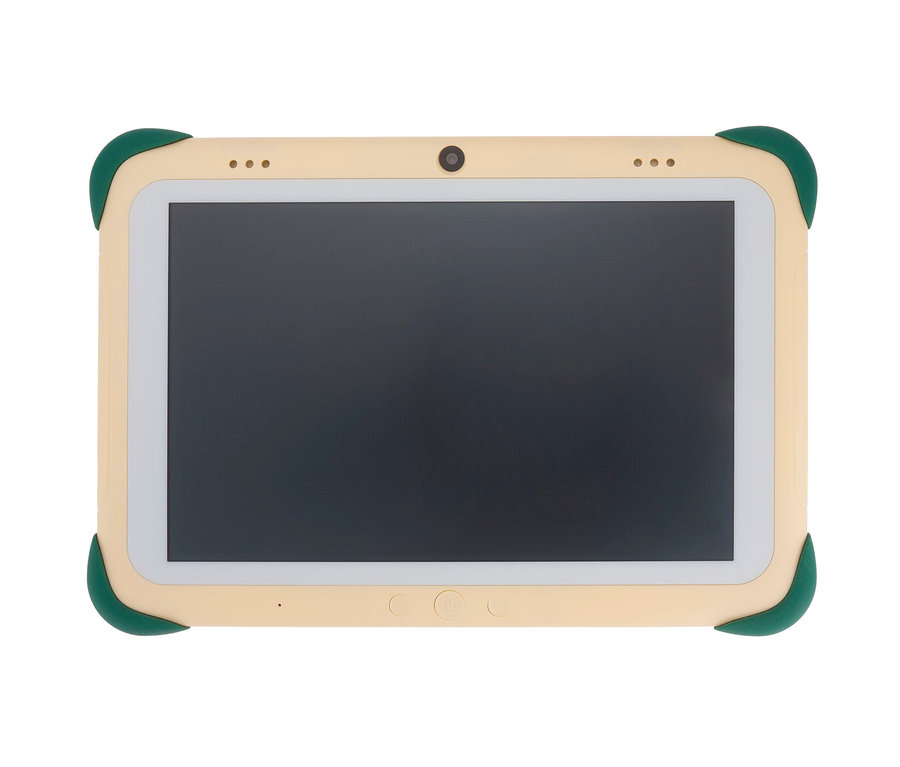 Beiges Fox & Sheep Kids Tablet »One« mit schwarzem Bildschirm und grünen Ecken.