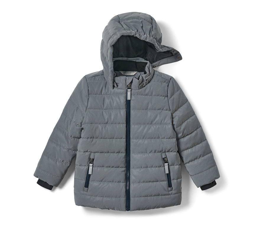 Graue Kinder-Steppjacke mit Kapuze und Reißverschluss.