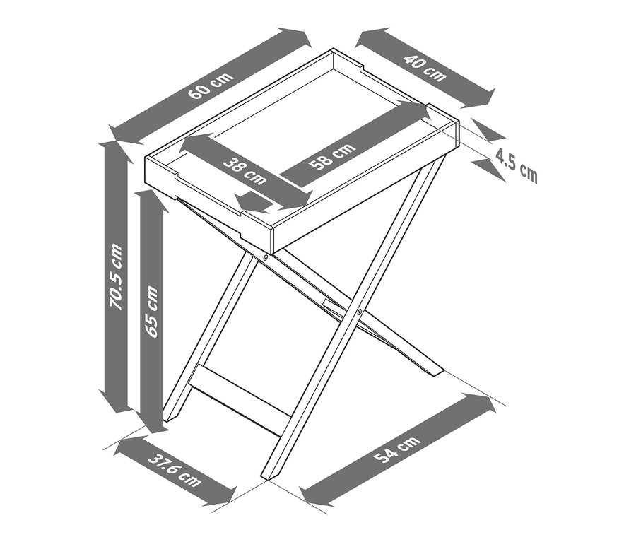 Abmessungen des Tablettischs mit Klappfunktion.