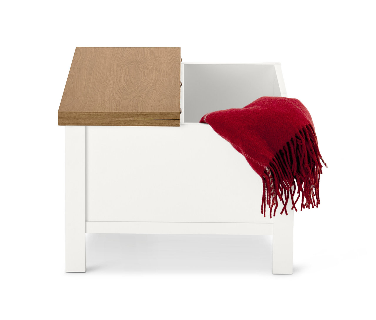 Couchtisch mit Klappenfunktion und roter Decke.
