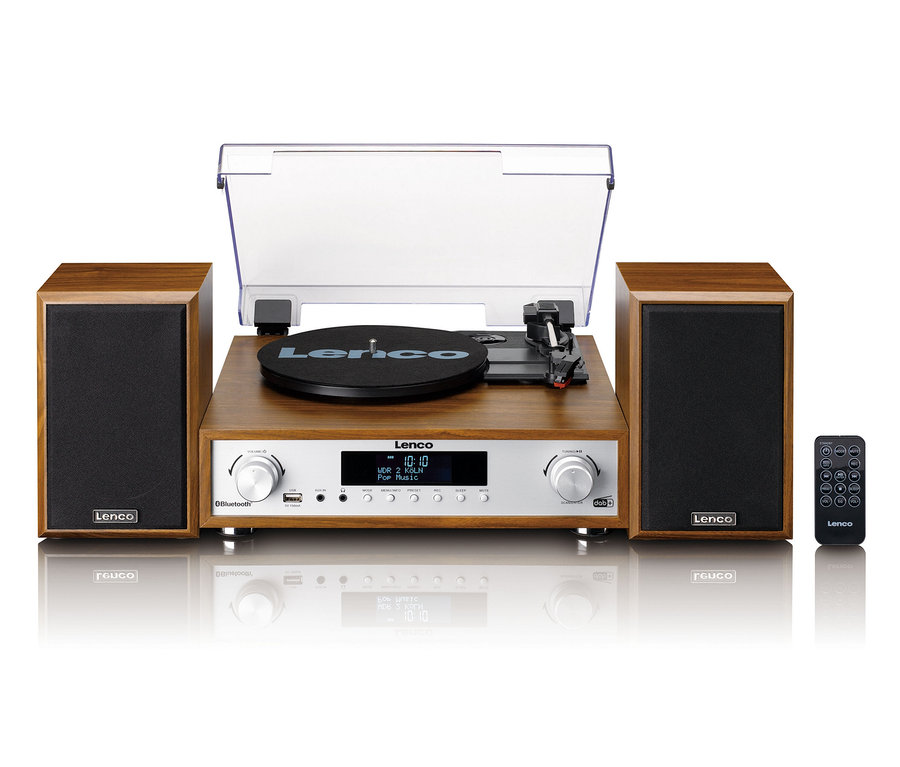 Lenco Stereoanlage mit Plattenspieler auf weißem Hintergrund.