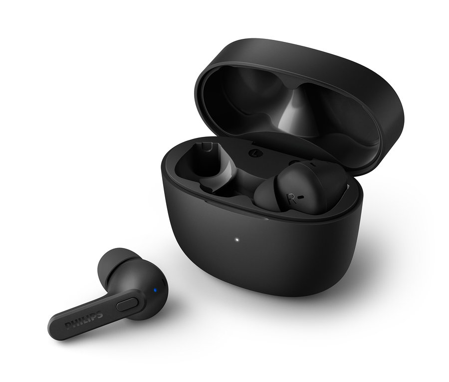 Schwarze Philips TWS-In-Ear-Kopfhörer »TAT2206« neben geöffnetem Ladecase.