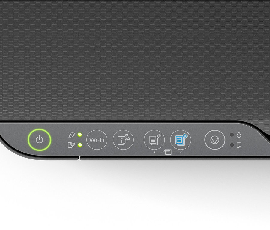 Detailaufnahme der Oberseite eines Epson EcoTank ET-2810 3-in-1 Multifunktionsgeräts mit großem Tintentank. Das Bedienfeld zeigt verschiedene Symbole.