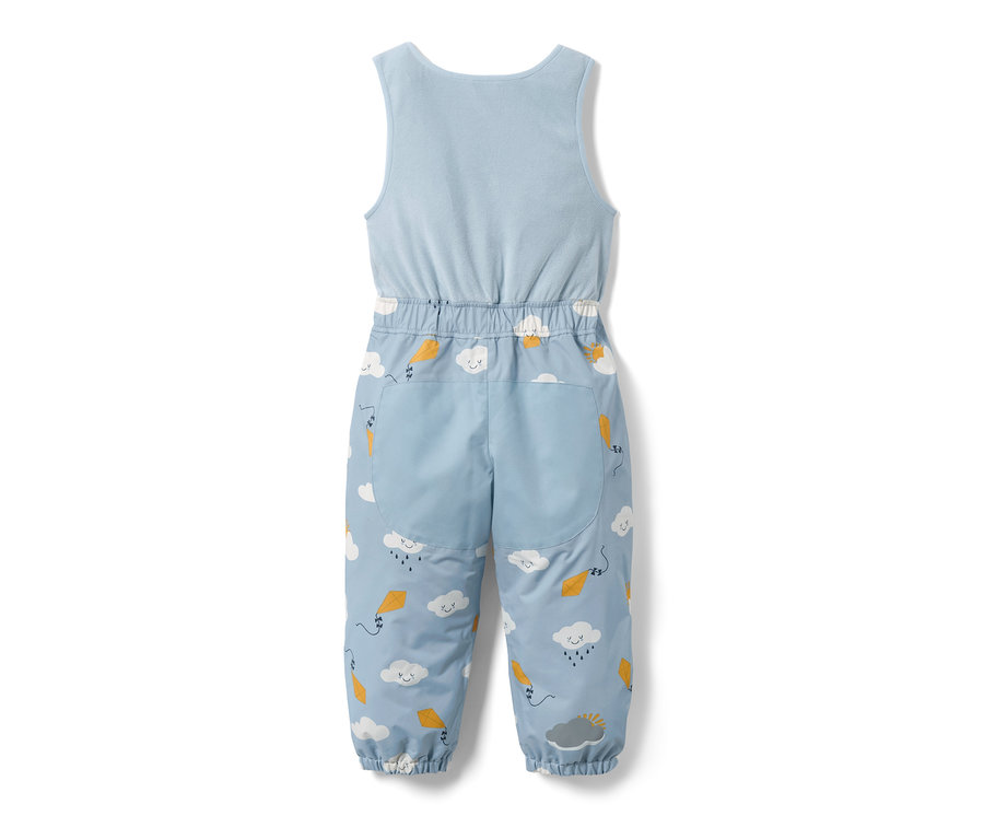 Helle blaue Kleinkind Thermo-Regenhose mit Wolken- und Drachenmuster.