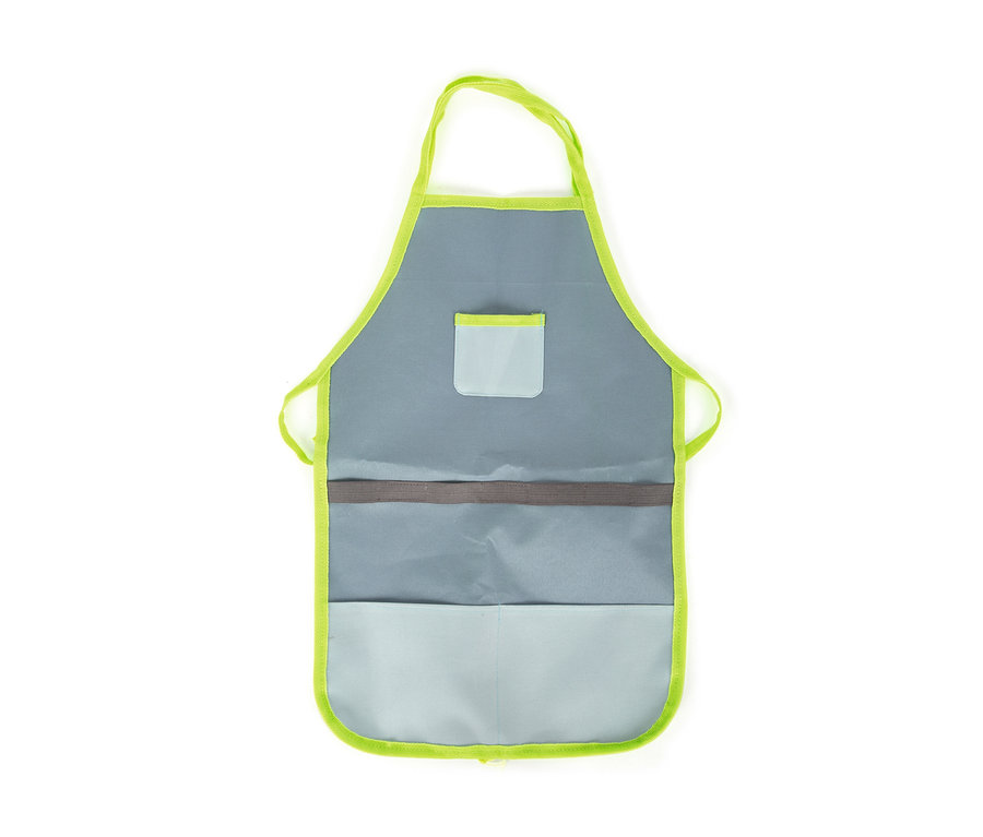 Eine graue Gartenschürze mit Taschen und hellgrüner Bordüre.
