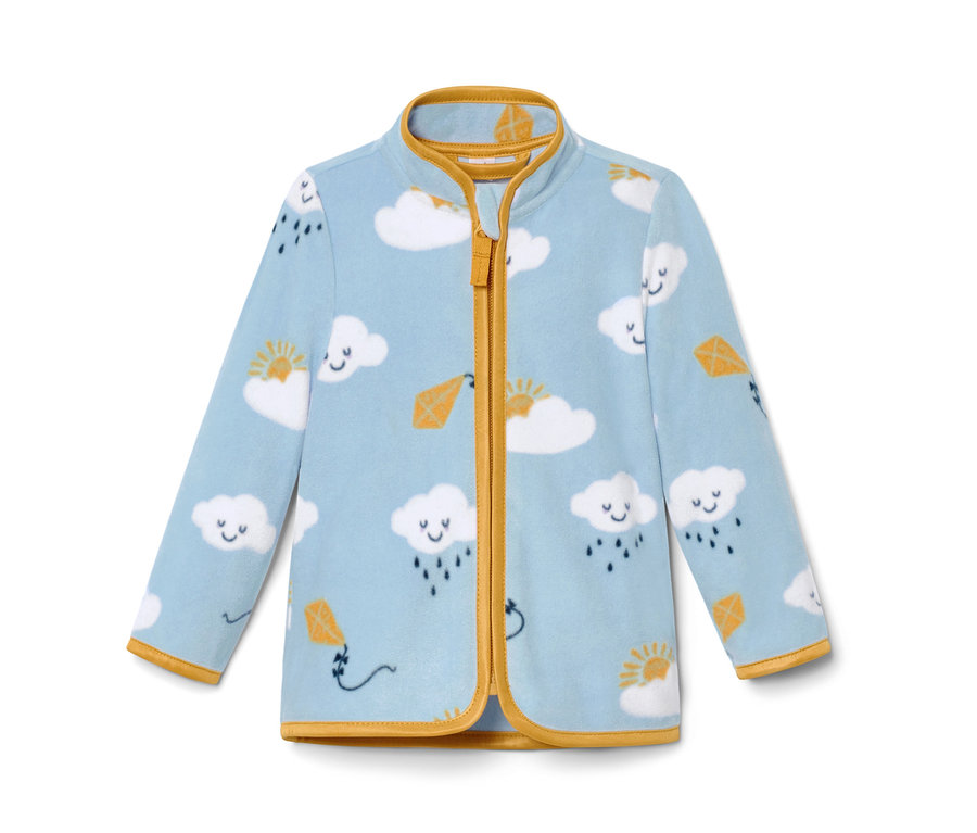 Kleinkind-Fleecejacke mit Alloverprint von Wolken, Sonne und Drachen.