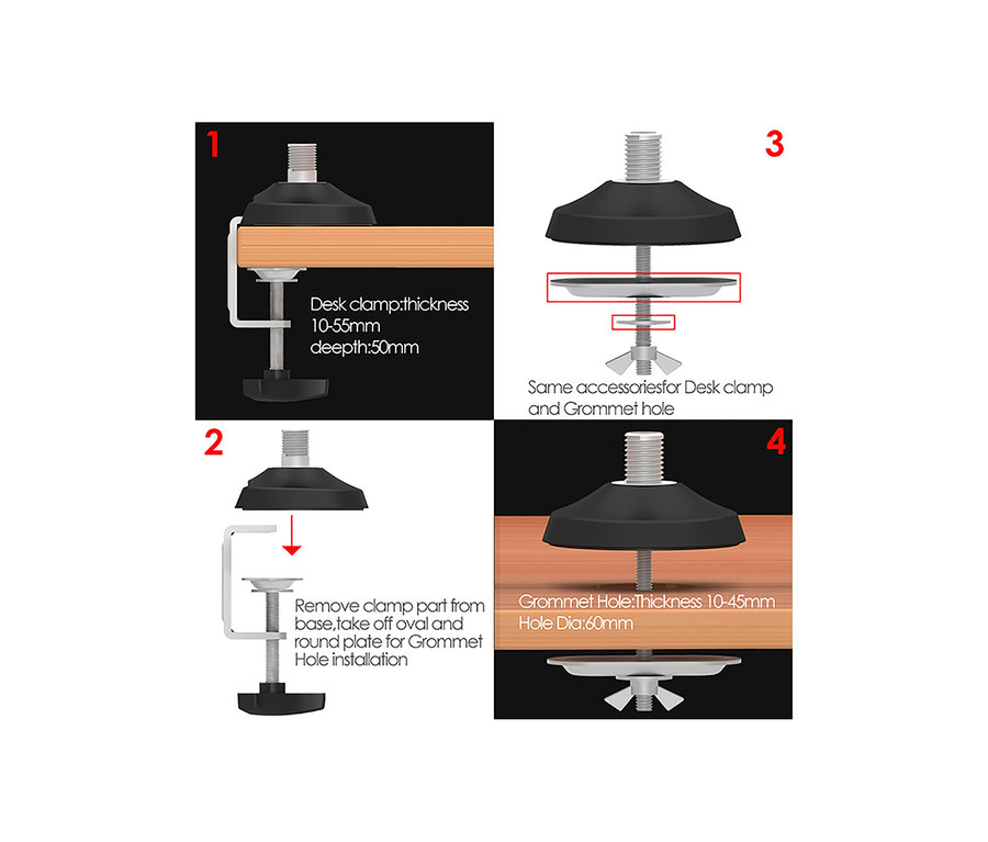 Vier Bilder zeigen die Installation einer Tischhalterung für einen Monitor, inklusive der Tisch-Halterung »ErgoFix H2«.