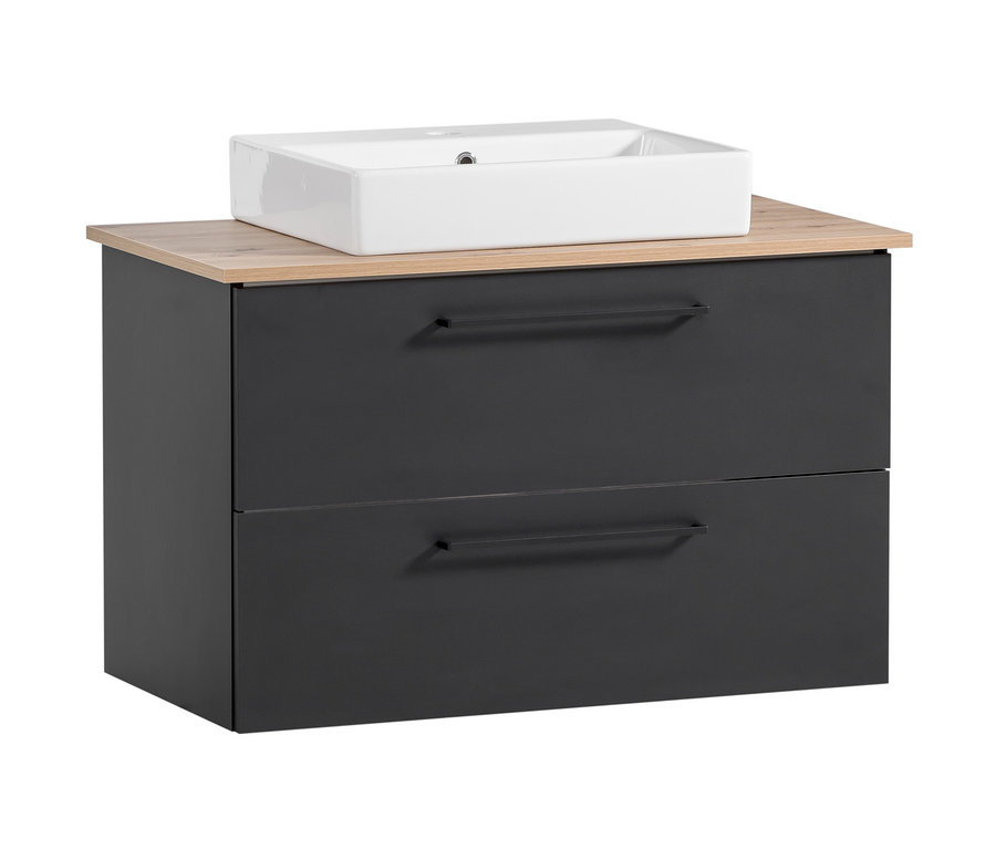 Ein schwarzer Schrank mit zwei Schubladen und einer Tischplatte aus Kunstholz mit einem weißen Waschbecken.