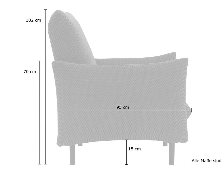 Seitenansicht eines Sessels mit Maßangaben.