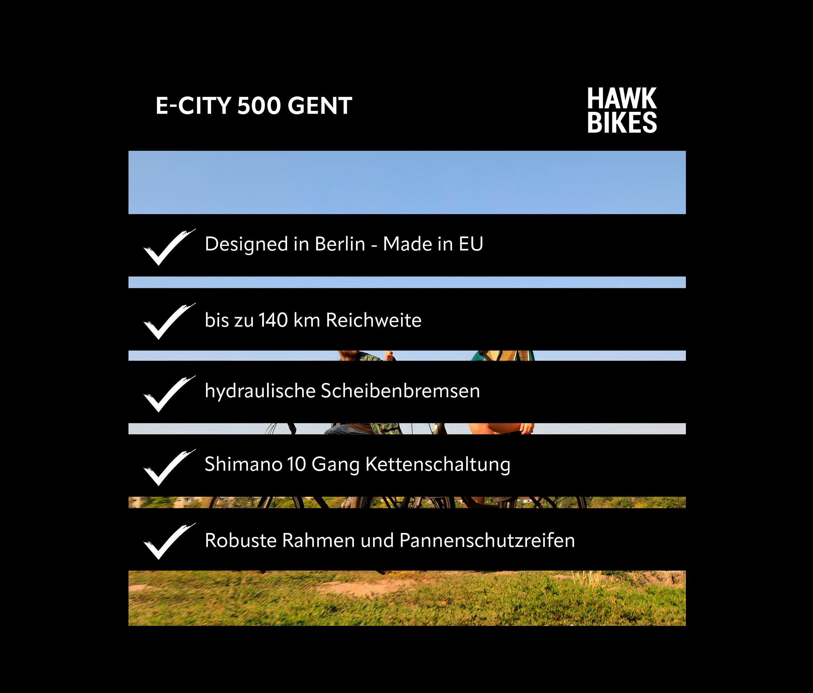 Schwarz-weiße Werbegrafik mit Text und einem Foto eines HAWK E-TREKKING 500 GENT E-Bikes.