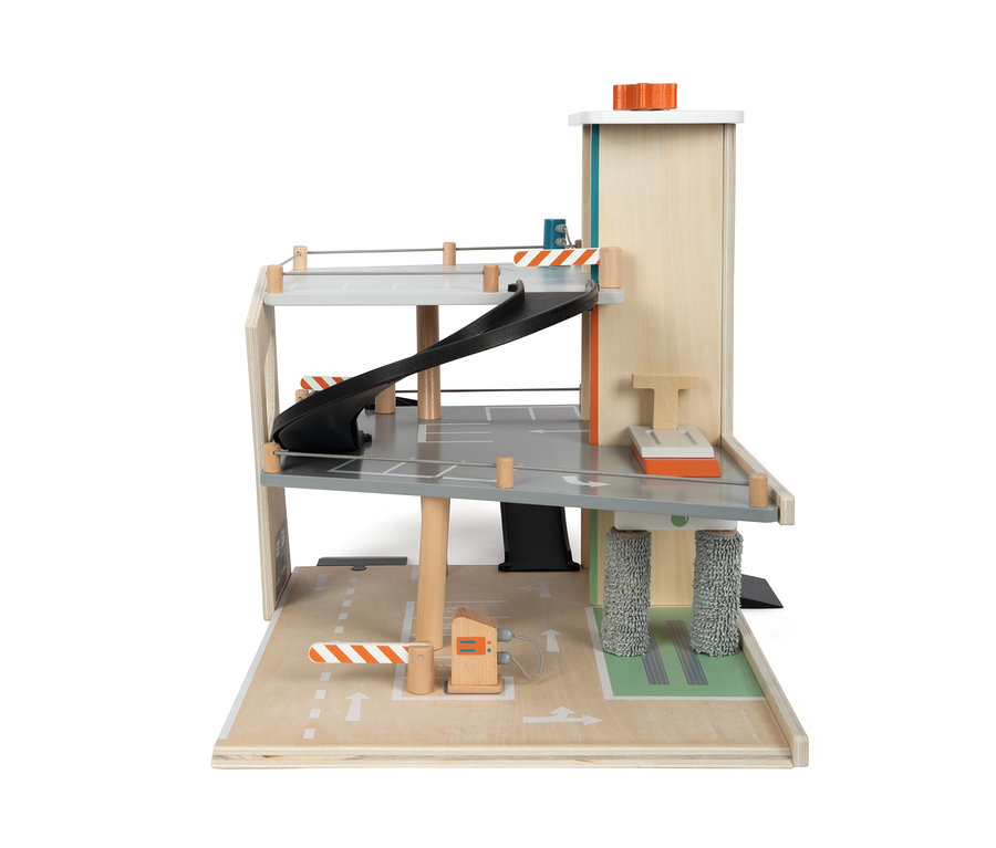 Holz Parkhaus »Rallye« von small foot mit zwei Etagen, Waschanlage und Schranke.