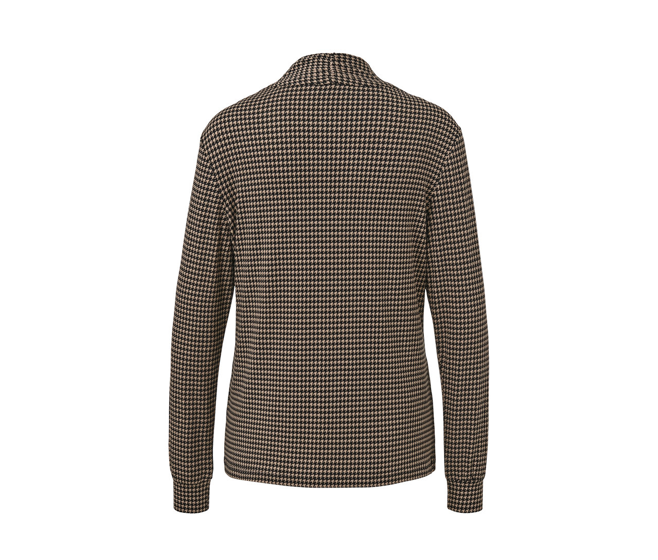 Rückansicht des bedruckten Blusenshirts mit V-Ausschnitt.