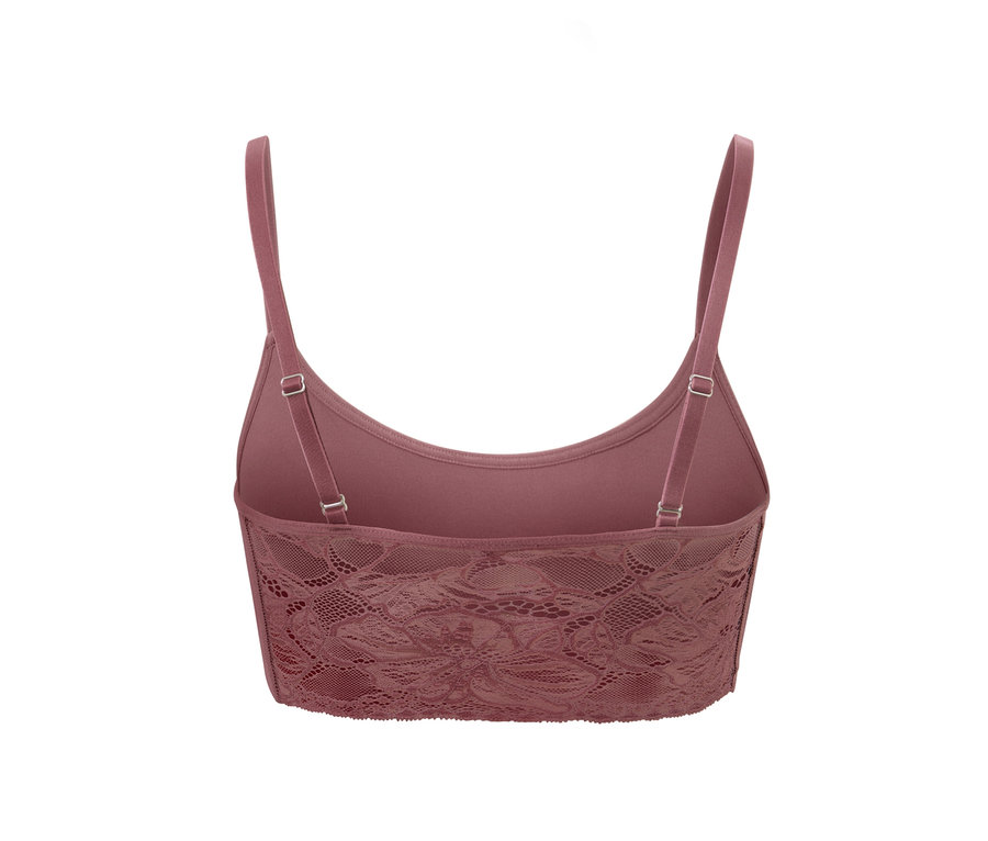 Detailansicht eines braunen Seamless-Bustiers mit Spitze.