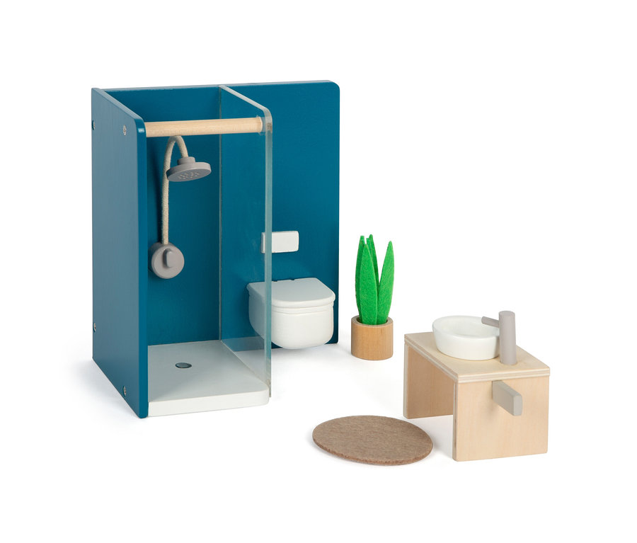Blaues Puppenhaus Badezimmer mit Dusche, Waschbecken und Toilette. Inklusive small foot Puppenhaus Natur mit Möbeln.