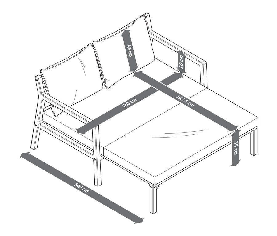 Eine Skizze eines ausziehbaren Loungesofas mit ausziehbarem Fußteil und den dazugehörigen Abmessungen.