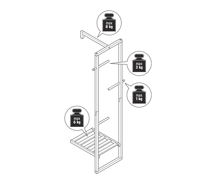 Eine Strichzeichnung eines Garderobenständers mit Gewichtsangaben.