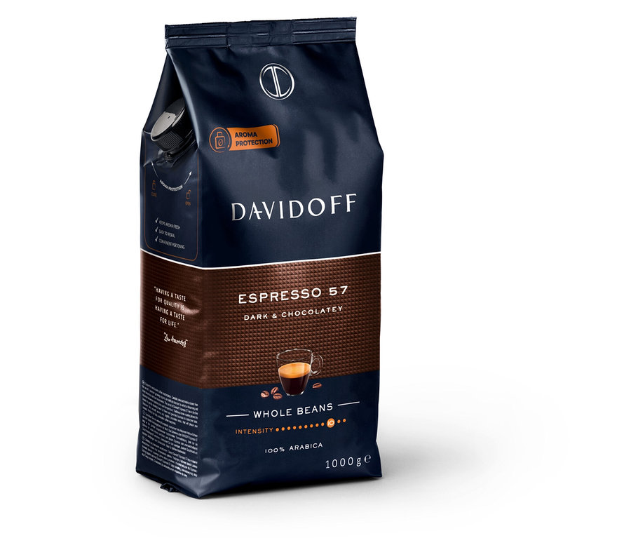 Eine Packung Davidoff Café Espresso 57 ganze Bohne.