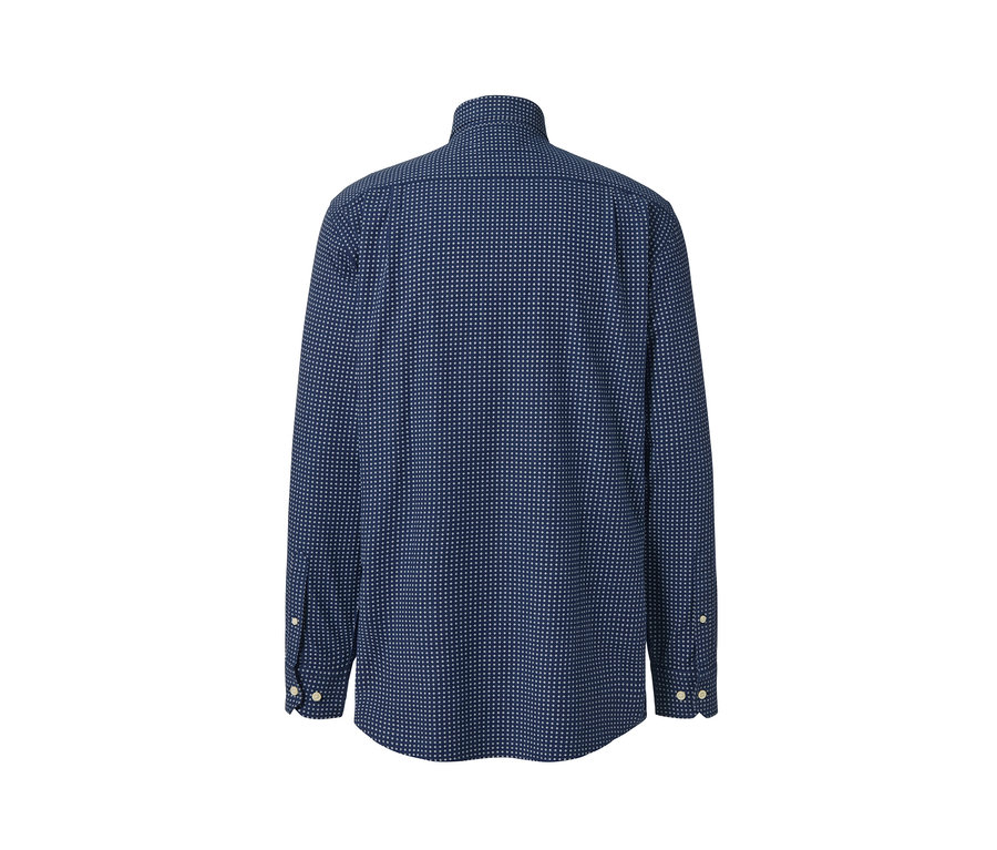 Detailansicht der Rückseite eines blaues Hemdes mit kleinem, weißen Muster, Comfort Fit.