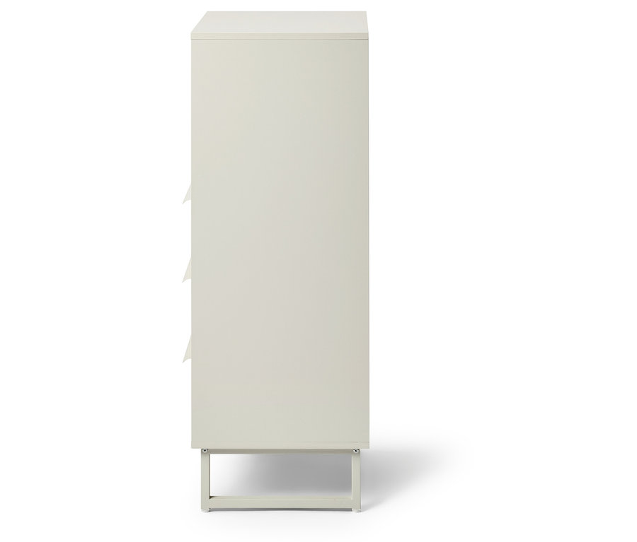 Seitenansicht einer weißen Kommode mit Schubladen und einem Metallfuß.