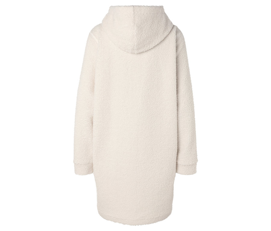 Rückansicht eines langen, cremefarbenen Teddy-Fleece-Hoodies.