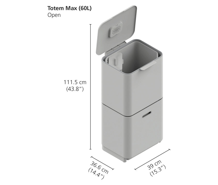 Geöffneter, grauer Totem Max (60L) Abfalleimer mit den Maßen 111,5 cm (Höhe), 36,6 cm (Breite) und 39 cm (Tiefe).