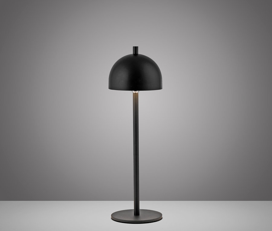 Eine schwarze Lampe auf grauem Hintergrund.