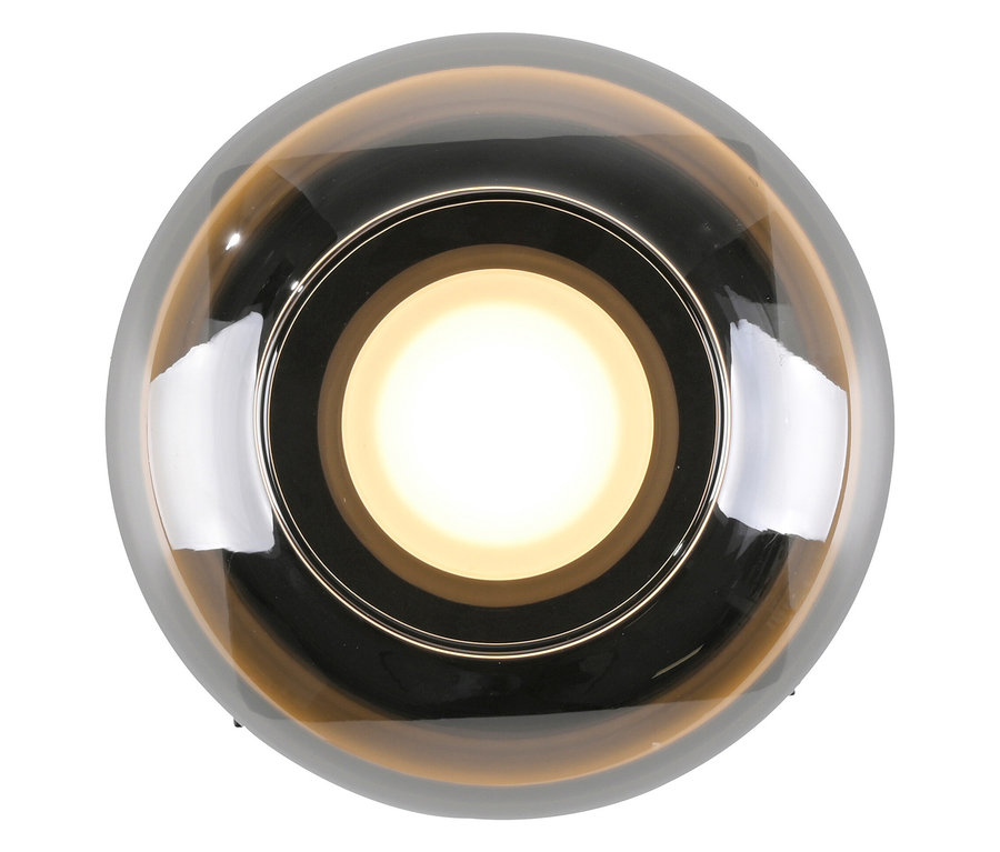 Detailaufnahme einer runden Deckenleuchte mit Rauchglas und warmweißem Licht.
