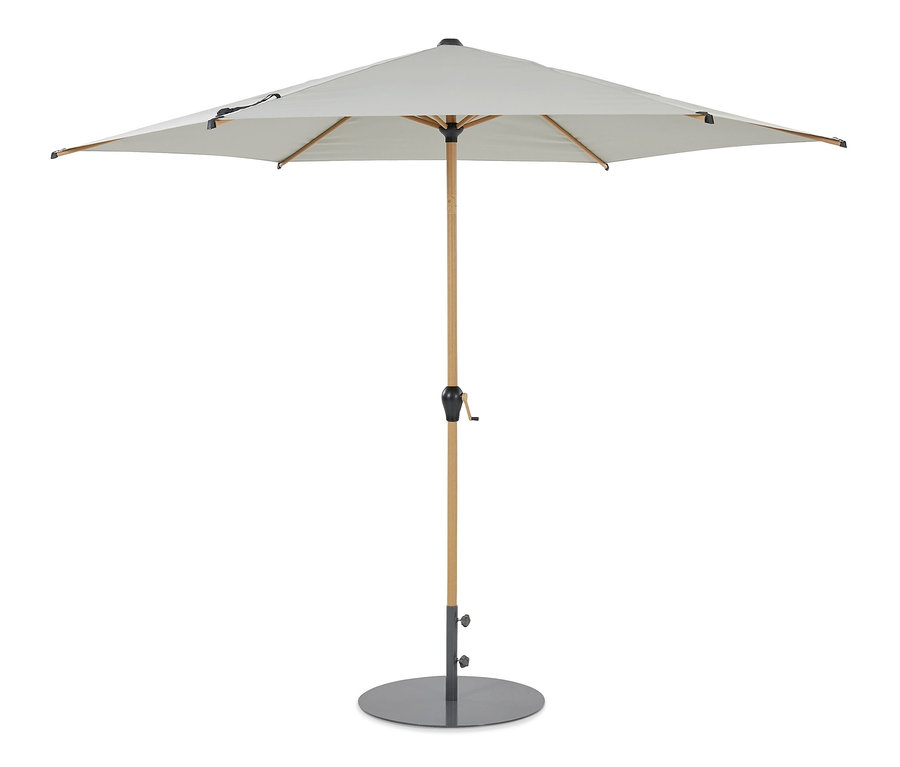 Grauer Leco Marktschirm in Holzoptik, inklusive Abdeckhaube.