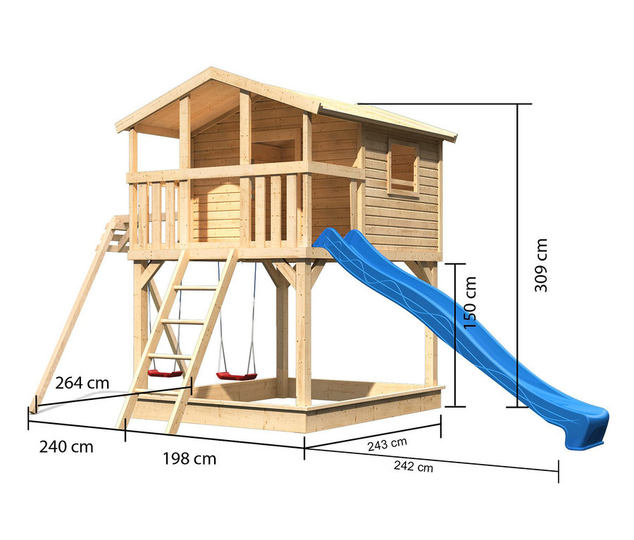 Karibu-Stelzenhaus »Benjamin« in Naturfarbe mit blauer Rutsche, Leiter und Schaukeln.