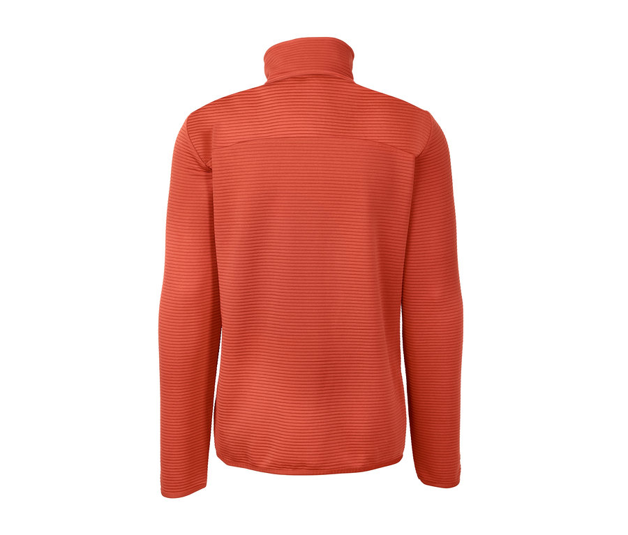 Orangefarbene Funktionsjacke mit langen Ärmeln von hinten.