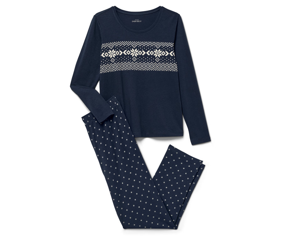Marineblauer Schlafanzug, langärmliges Oberteil mit Schneeflockenmuster, gepunktete Hose.