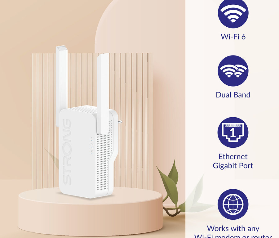 Weißer Strong Wi-Fi 6 Repeater steht auf einem Sockel.