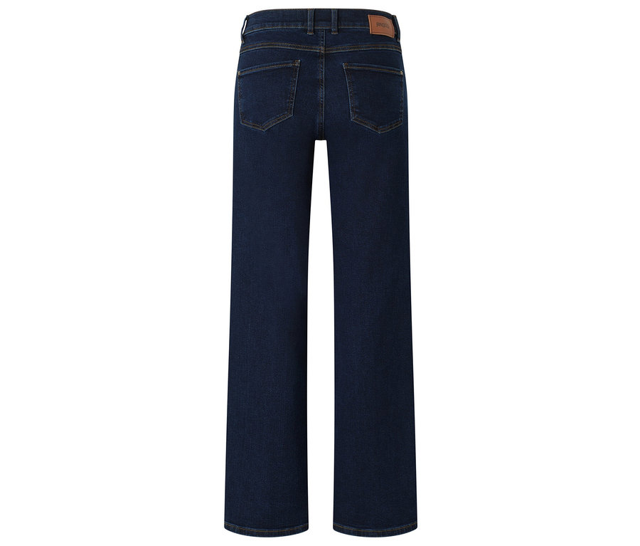 Rückansicht einer dunkelblauen Jeans mit weitem Bein.