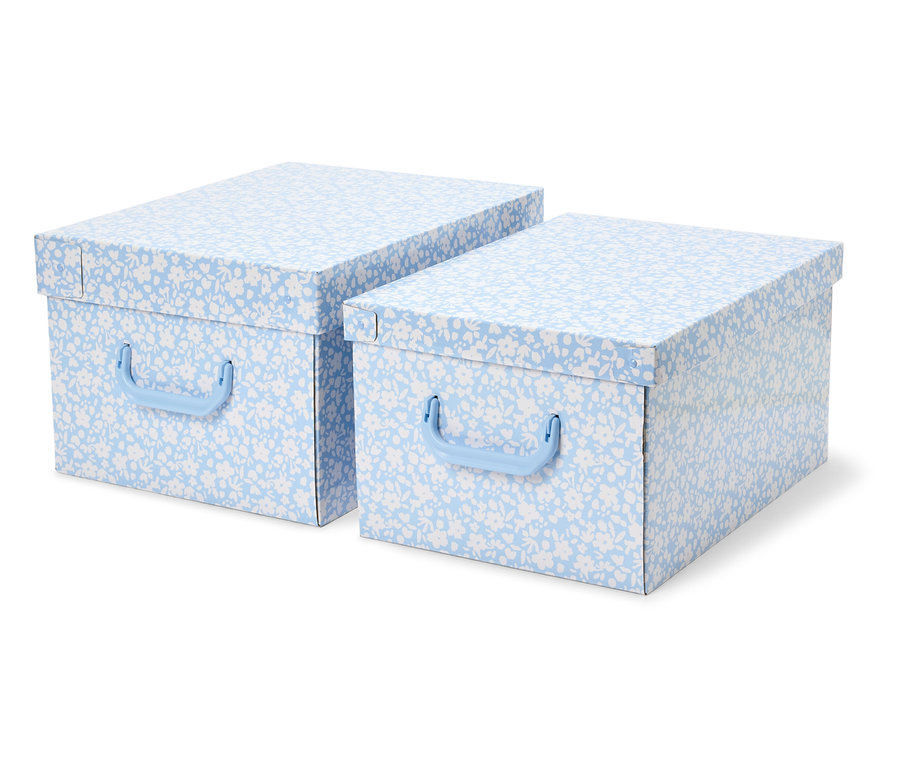 Zwei Aufbewahrungsboxen mit blauem Blumenmuster und Griffen.