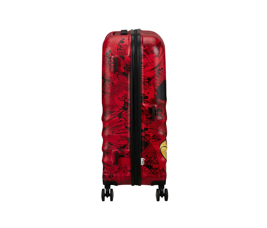 Roter American Tourister Wavebreaker »Mickey Mouse«, mittelgroß, mit Comic-Mickey-Mouse-Bildern bedruckt.
