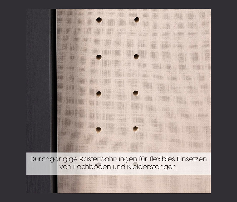 Detailansicht eines weißen Nabilia Kleiderschranks mit Lochreihen.
