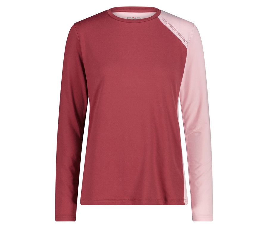 Damen Langarmshirt, halb rot, halb rosa.