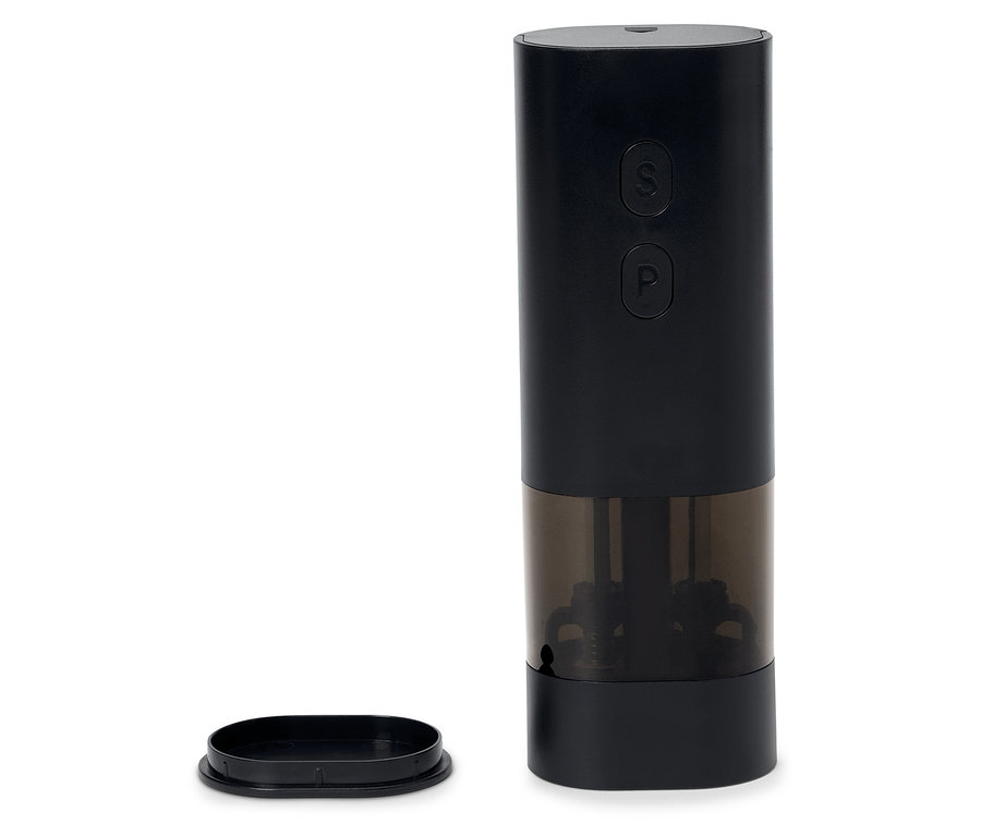 Schwarze Salz- und Pfeffermühle mit abnehmbarem Deckel.