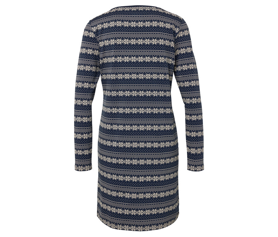 Blaues Strickkleid mit langen Ärmeln und weißem Muster.